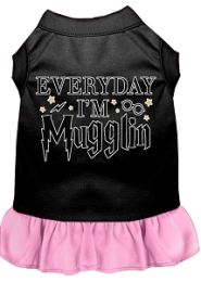 Everyday I'm Mugglin Screen Print Dog Dress Black with Light Pink (size: M (12))