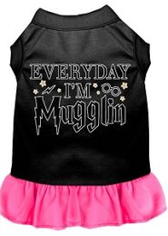 Everyday I'm Mugglin Screen Print Dog Dress Black with Bright Pink (size: L (14))
